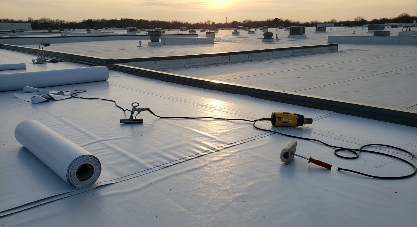 A completed commercial flat roof installation on a business property in Shelby, NC, showing clean membrane seams and proper edge flashing. The building sits in a commercial district typical of Cleveland County, with a clear drainage slope visible across the roof surface.