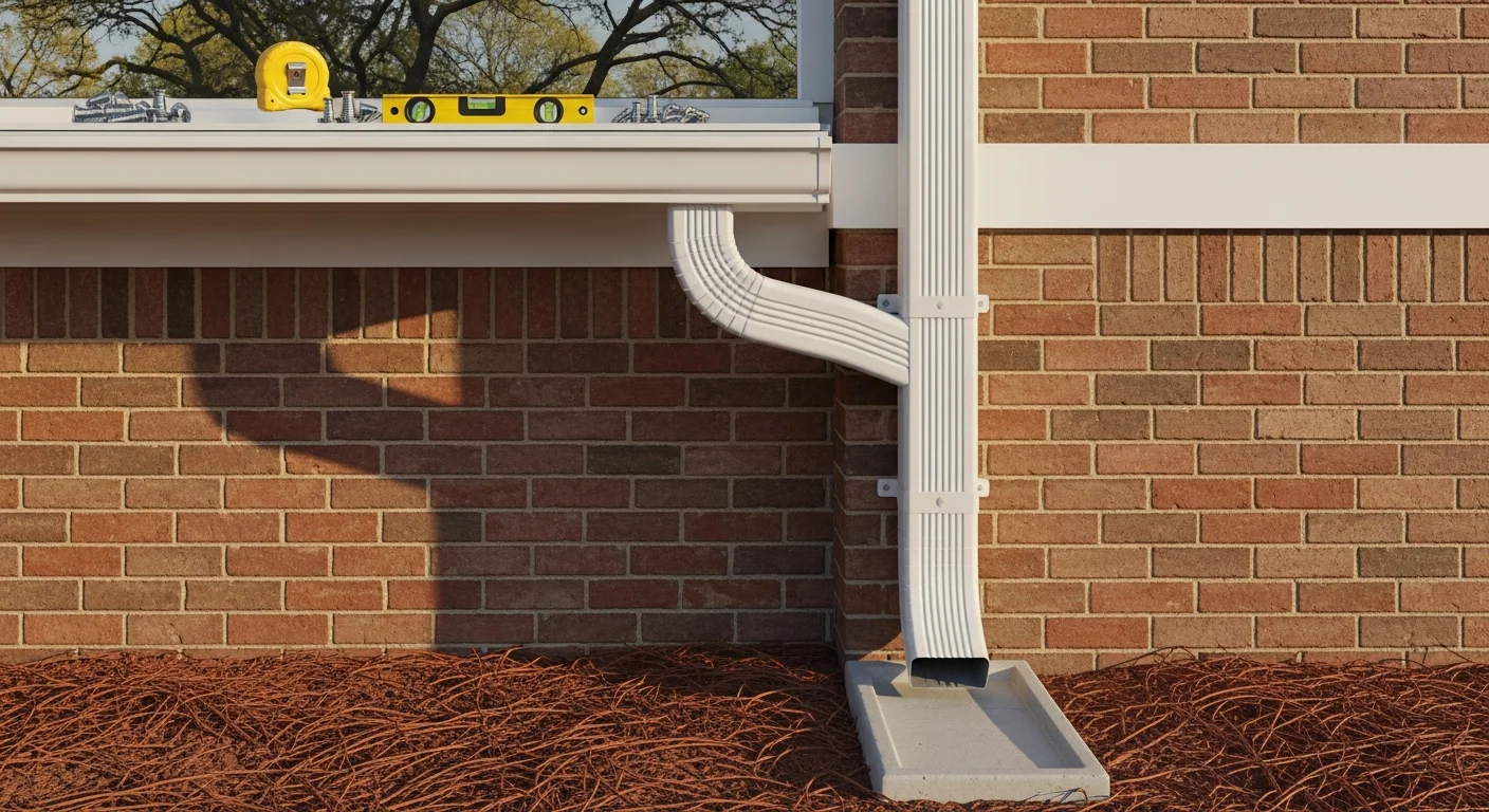 A newly installed aluminum downspout running along the corner of a single-family home in Shelby, NC, directing roof runoff away from the foundation toward the yard. The downspout is flush against the exterior wall with clean mounting brackets visible against the home's siding.