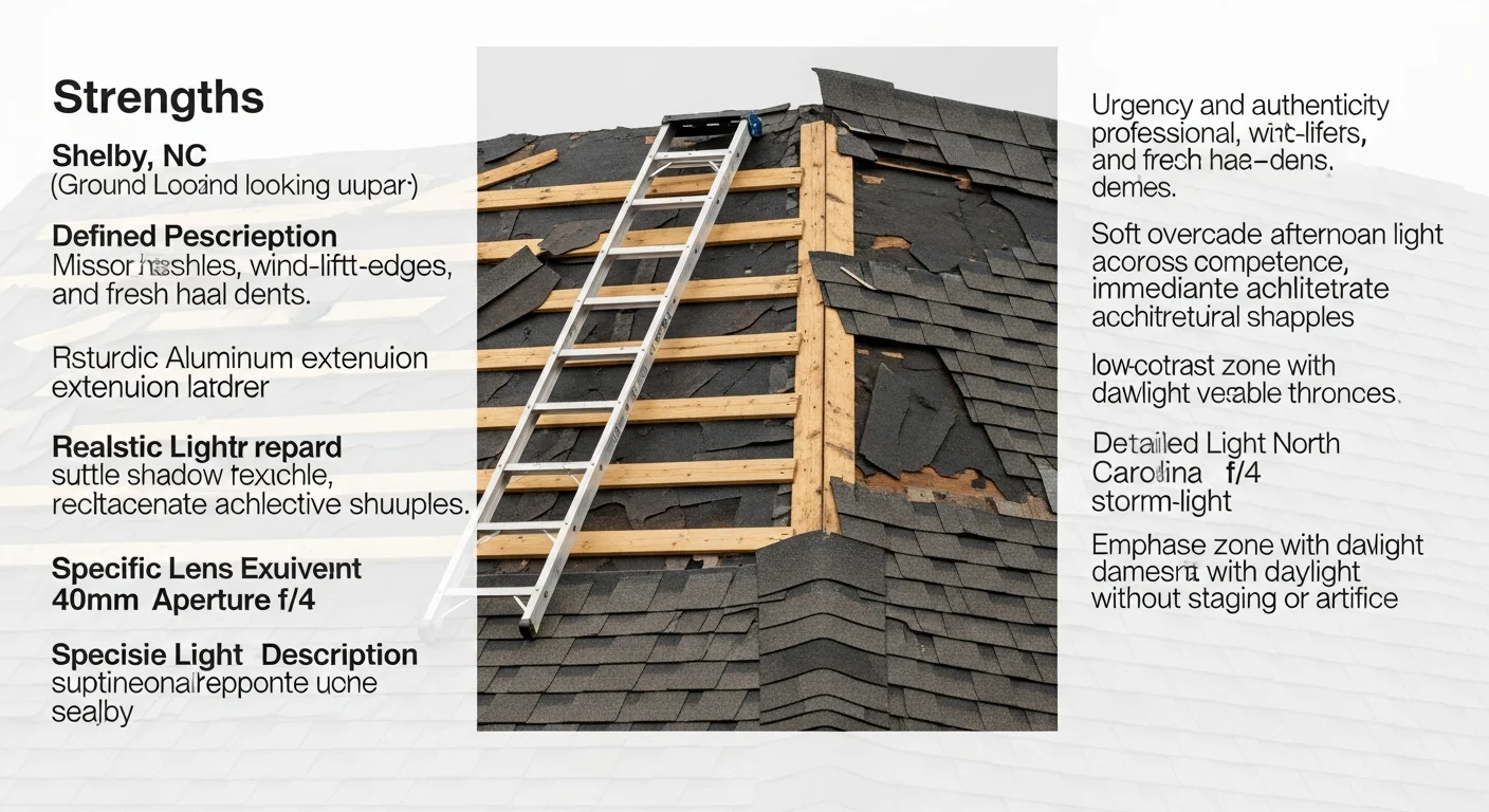 A Shelby, NC residential roof with wind-damaged and missing shingles being inspected by an Infinity Roofing contractor after a storm. Exposed roof decking is visible along the ridge line where shingles were displaced by high winds.