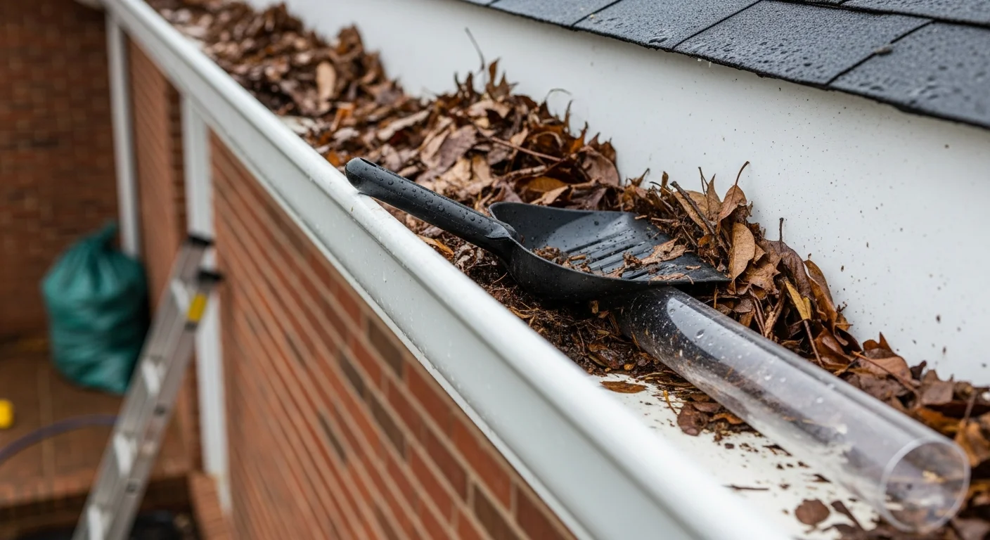 A Infinity Roofing technician removing packed leaf and twig debris from a residential gutter on a single-story home in Shelby, NC. The cleaned gutter channel and cleared downspout are visible against the home's fascia board.