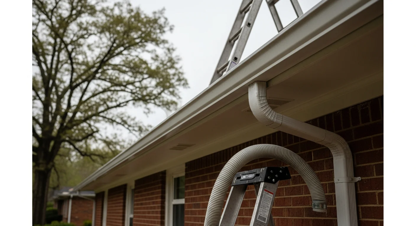 Newly installed gutters running along the roofline of a single-family home in Shelby, NC, with a downspout directing water away from the foundation. The home sits on a residential lot with mature trees nearby.