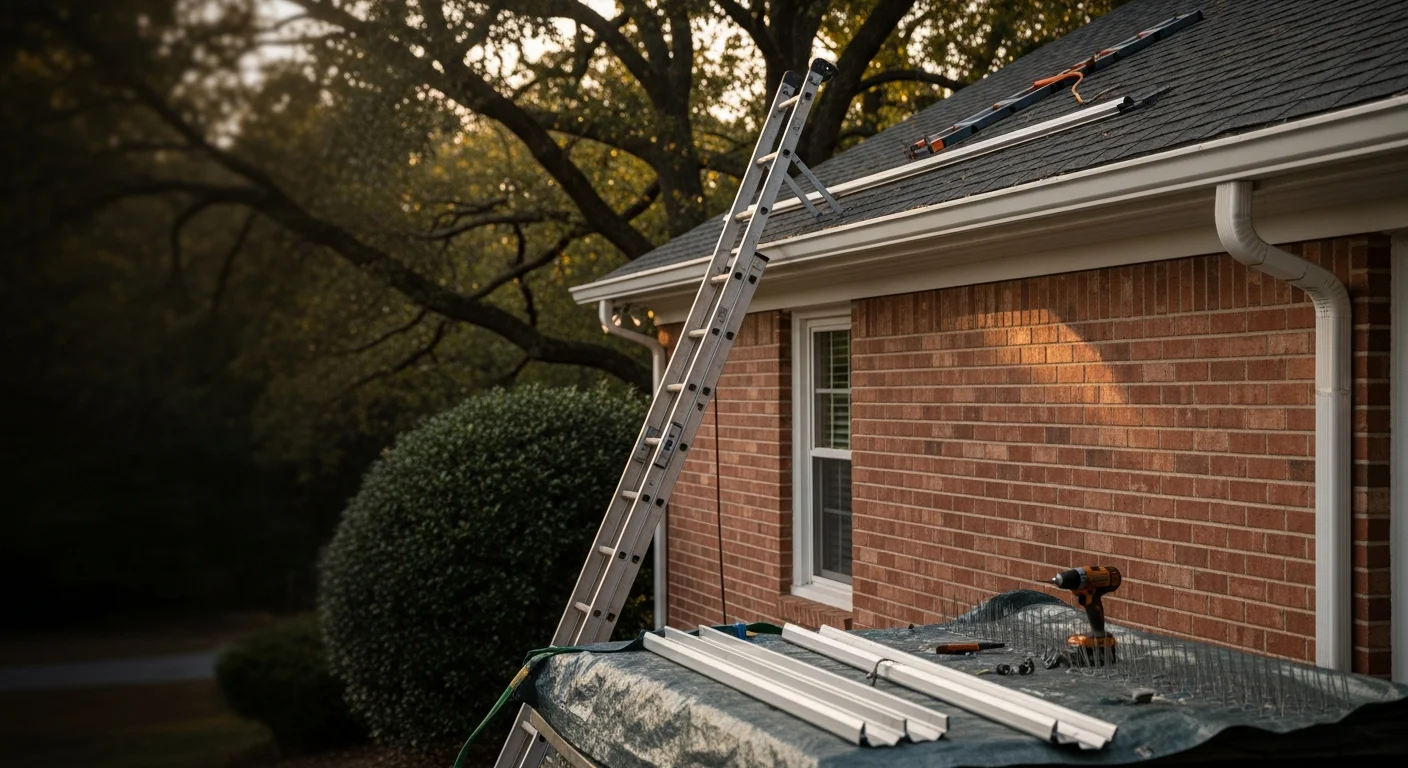 New gutters installed along the roofline of a residential home in Shelby, NC, with downspouts positioned to direct rainwater away from the foundation. The replacement system runs flush against the fascia with no visible sagging or separation.