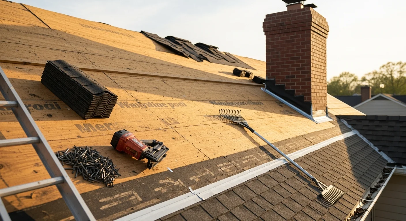 A completed roof replacement on a residential home in Shelby, NC, showing new shingles installed across a gable-style roof with clean ridge lines and finished flashing around the chimney. The home sits in a typical Shelby neighborhood with mature trees visible in the background.
